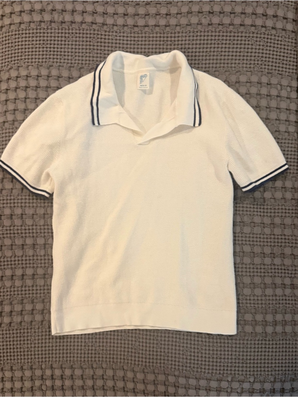 White Knit Polo with Navy Trim - Kids